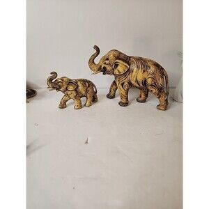Vintage Resin (2) Elephant Trunk Up Gold Figurine Lucky Symbol Occupied Japan